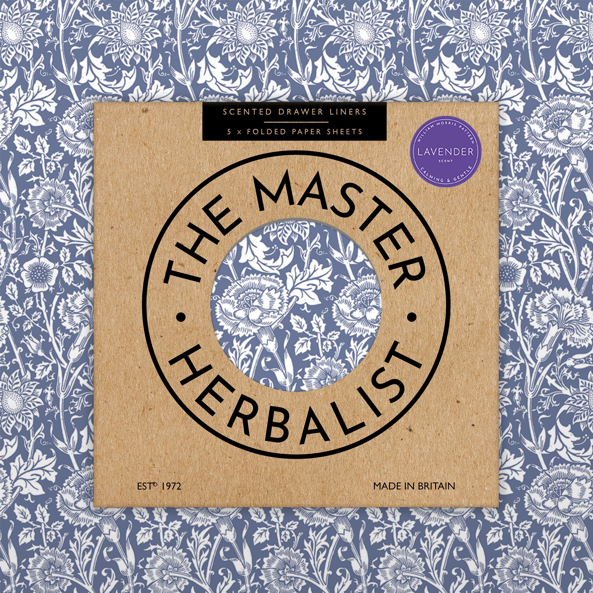 The Master Herbalist Fragrant Lavender Scented Drawer Liners in a Blue William Morris Design | Pack of 5 Sheets (Folded) | Contains Lavender Essential Oil | Made in UK