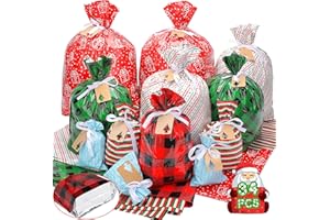 YALTOON 34 Pack Drawstring Christmas Gift Bags Assorted Sizes, Reusable Holiday Wrapping Bags for Presents, Plastic Xmas Gift Bag with Drawstring - Extra-Large, Large, Medium, Small Christmas Bags for Gifts