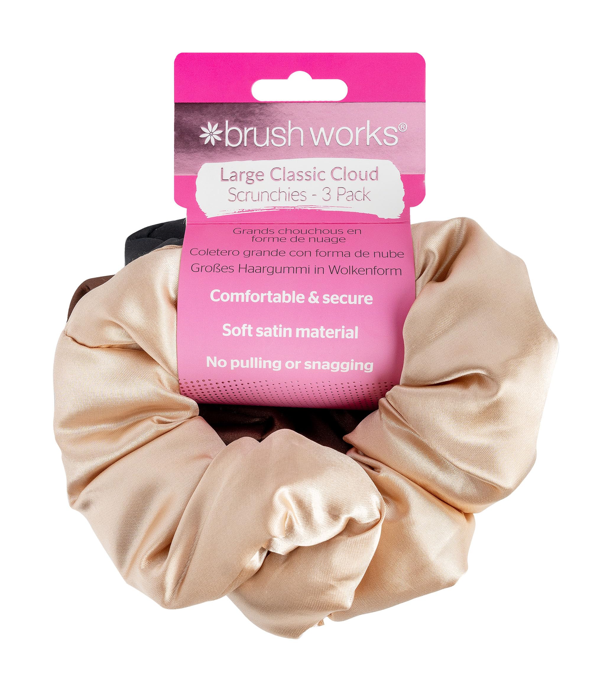 Brushworks Large Classic Cloud Scrunchies – Neutral 3 Pack, Padded Soft Satin Hair Ties for Gentle Hold & Crease-Free Sleep, Comfortable, Vegan & Cruelty-Free Hair Accessories