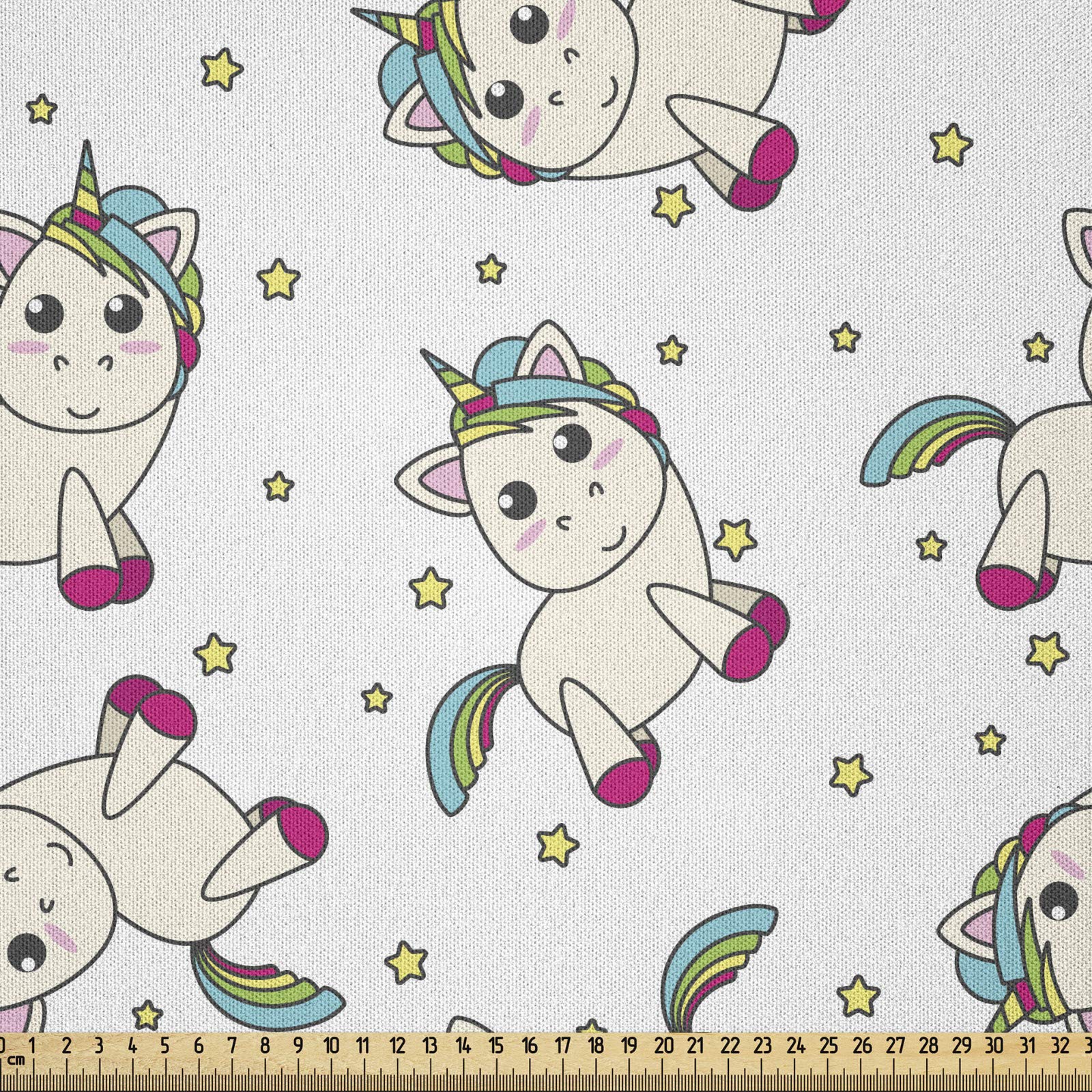 ABAKUHAUS Unicorn Fabric by the Yard, Colorful Mythical Animals in Cartoon Style Rainbow Mane on Star Filled Background, Microfiber Fabric for Arts and Crafts Textiles Decor, 1M, Multicolor