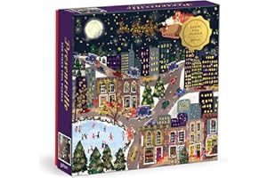 Galison Presentville 500 Piece Holiday Foil Puzzle Featuring Beautiful Artwork of A Cozy and Festive City Scene by Joy Laforme