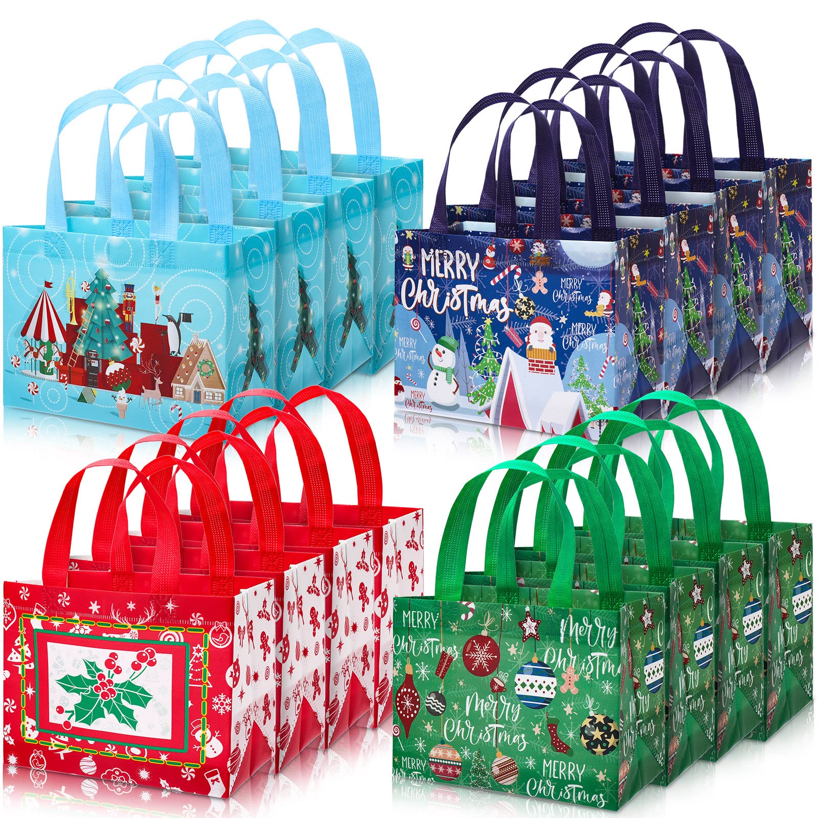 Whaline 16Pcs Christmas Tote Bags with Handles Reusable Gift Bag Waterproof Grocery Shopping Bags Small Size Non-woven Bags for Xmas Holiday Party Supplies, 4 Design, 8.6x6.7x4.6inch