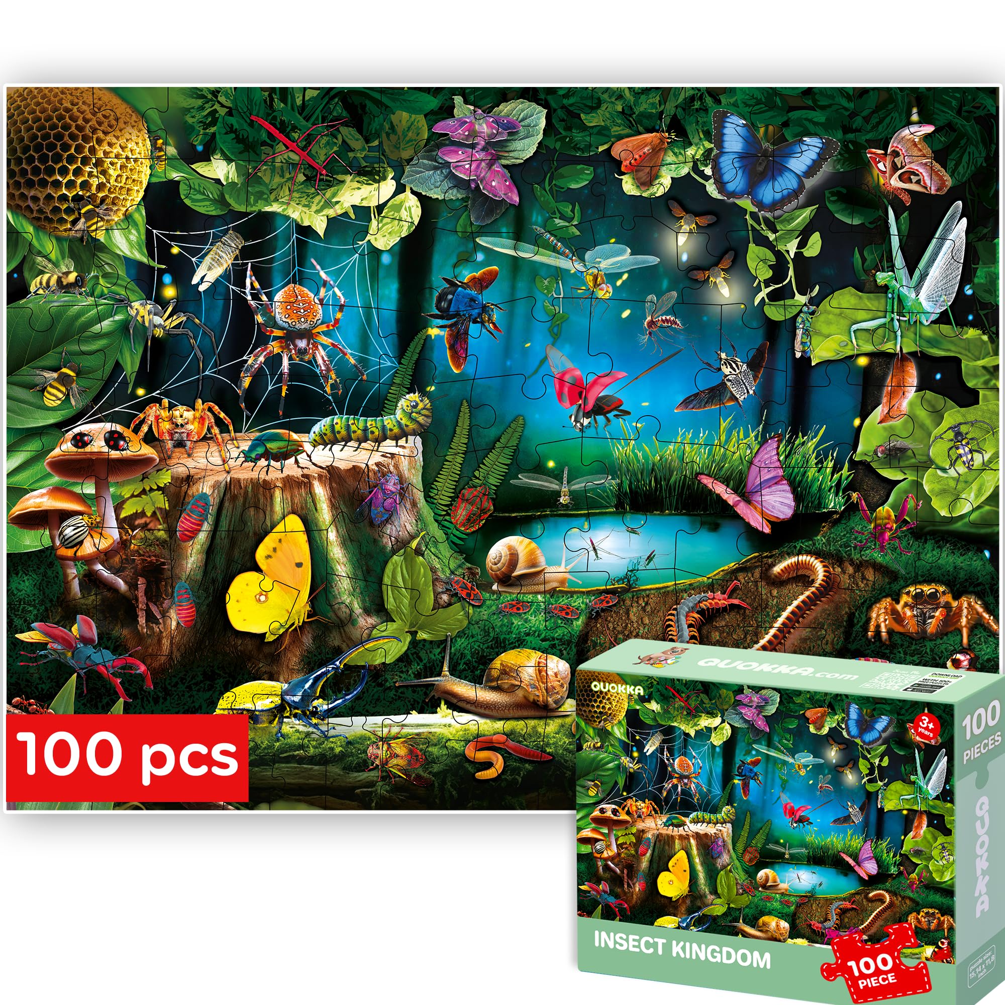 QUOKKA 100 Piece Jigsaw Puzzles For Children - Kids Puzzles For 3 4 Year Olds - Realistic Jigsaws for Children Age 5 6 - Toy for Learning Bugs - Boys and Girls Game Gift 7 8