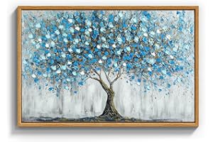 ARPEOTCY 3D Textured Large Framed Canvas Wall Art Prints, Abstract Modern Hand-Painted Blue Tree of Life Oil Painting, Neutral Artwork Home Wall Decor for Living Room Bedroom Office, 16x24inch