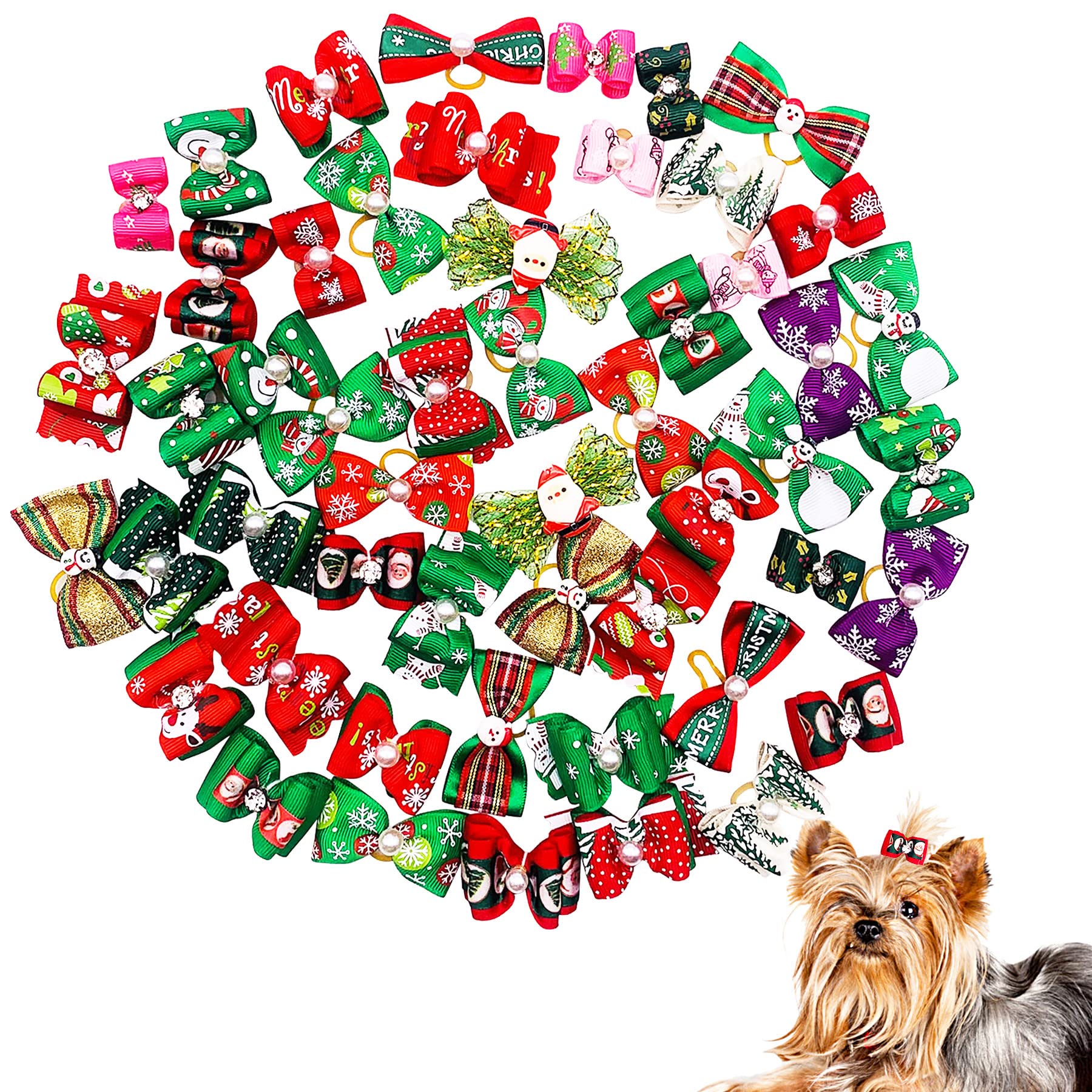 BIPY 50Pcs Christmas Dog Hair Bows with Rubber Bands for Small Dogs Cats Puppy Xmas Tree Santa Claus Snowman Topknot Holidays Festival Pet Assorted Grooming Accessories Random Color