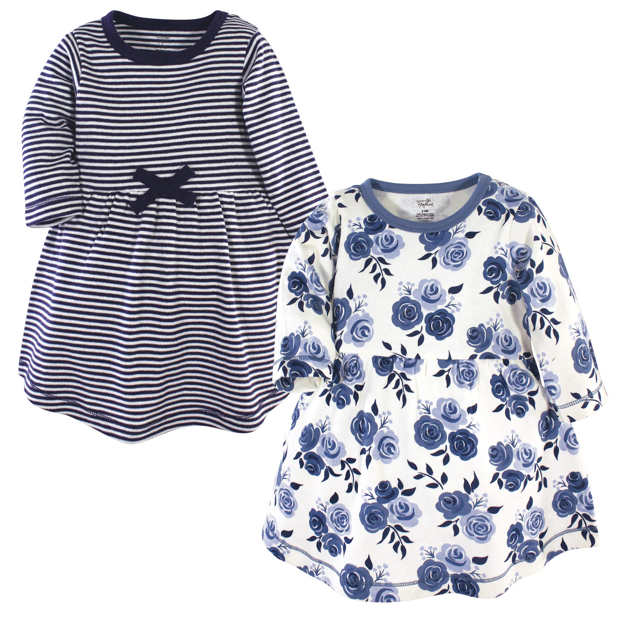Touched by Nature Girls, Toddler, Baby and Womens Organic Cotton Short-Sleeve and Long-Sleeve Dresses, Navy Floral Long Sleeve, 9-12 Months