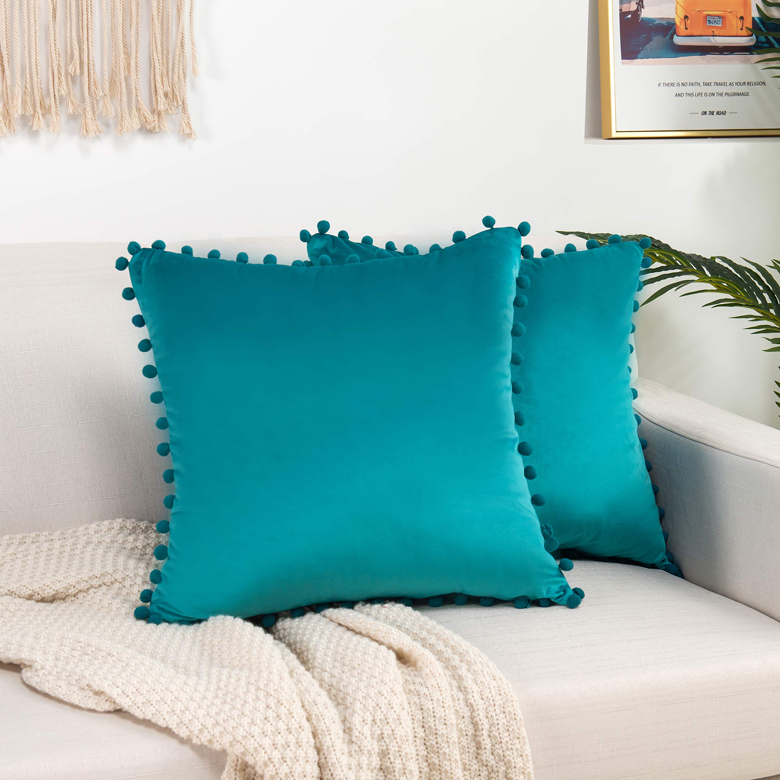 Elegant Comfort POMS Fringe Set of 2, Velvet Soft Solid Decorative Square Throw Pillow Covers Set Cushion Case for Couch Bed, Livingroom, 18 x 18, Turquoise