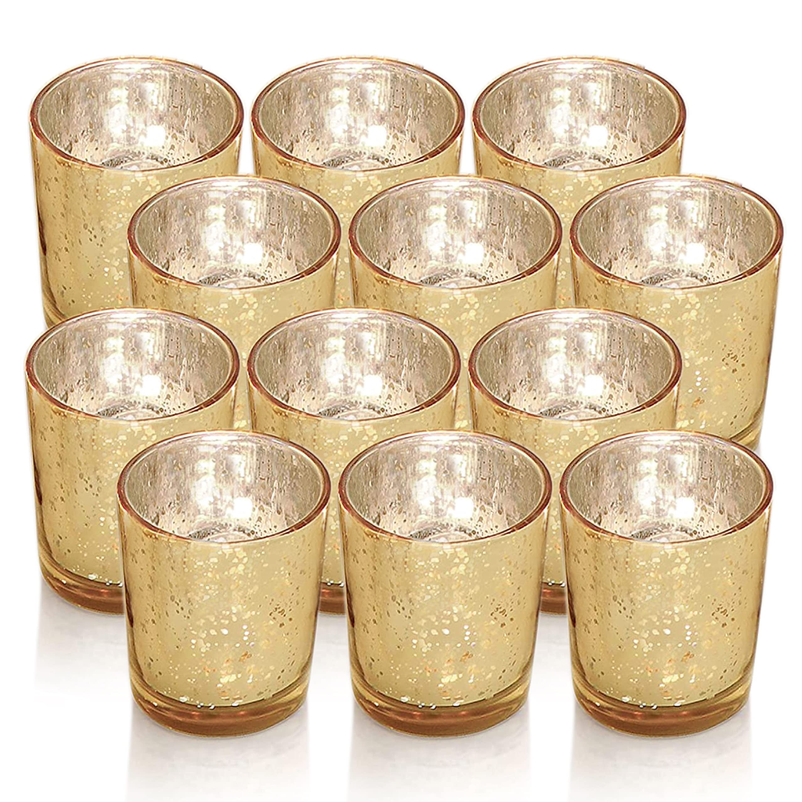 Gold Votive Candle Holders, Glass Tealight Candle Holder Set of 12, Tea Light Holders Perfect Table Centerpieces Decorations for Wedding, Party, Home Decor (Gold)