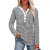 Uhiger Striped Long Sleeve Shirt Women Waffle Knit Tops V Neck Shirts Womens Blouses Basics Clothing Cruise Outfit