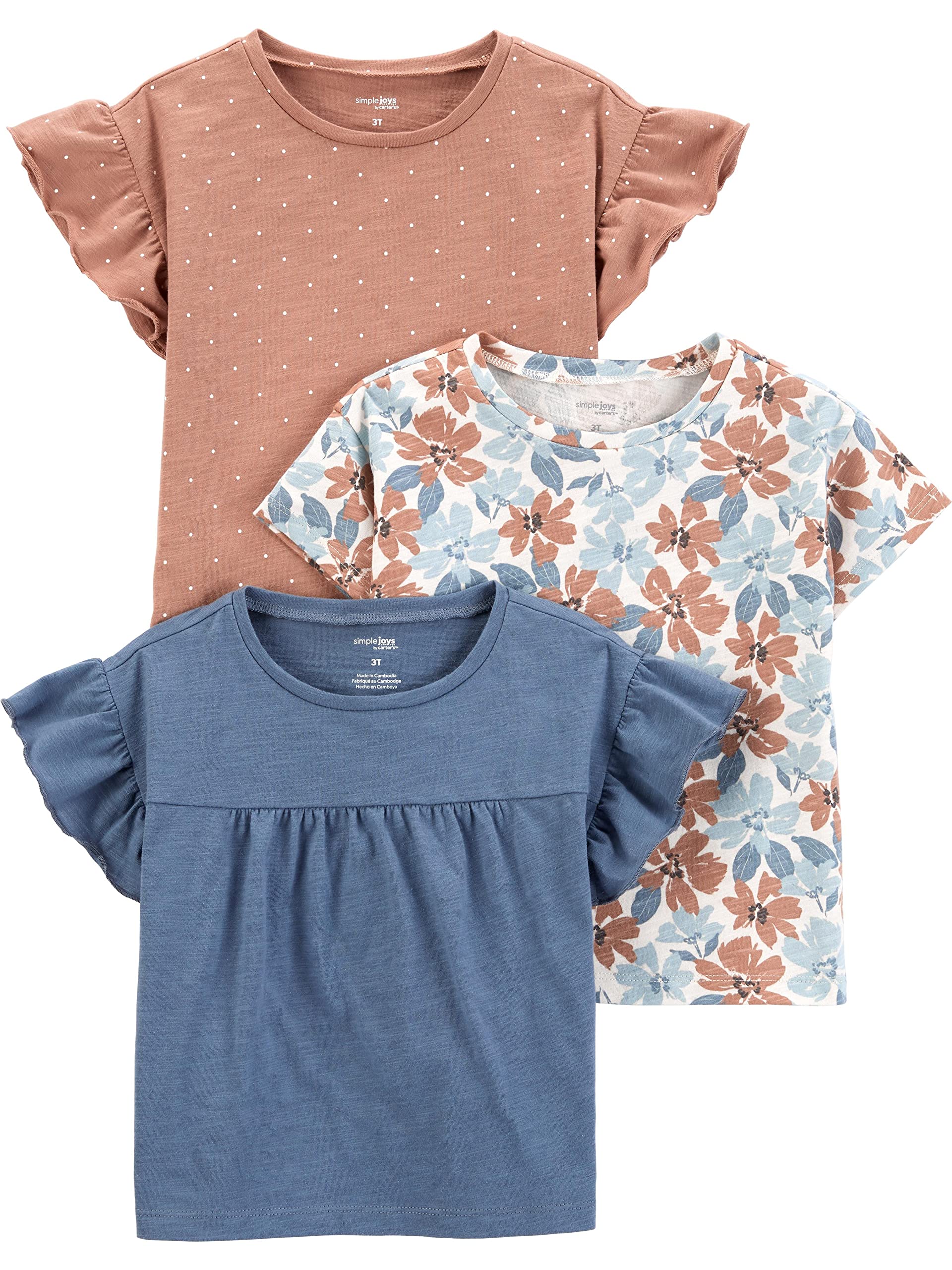 Photo 1 of Simple Joys By Carter's Girls Short-sleeve Shirts, Pack Of 3 Baby And Toddler Set, Mocha/Blue/Floral, 5T US
