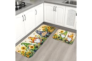Fanciful Gnomes Kitchen Mats for Floor, Yellow Sunflower Vintage Soft Mats, Spring Cushioned Comfort Washable Non Slip Decor 