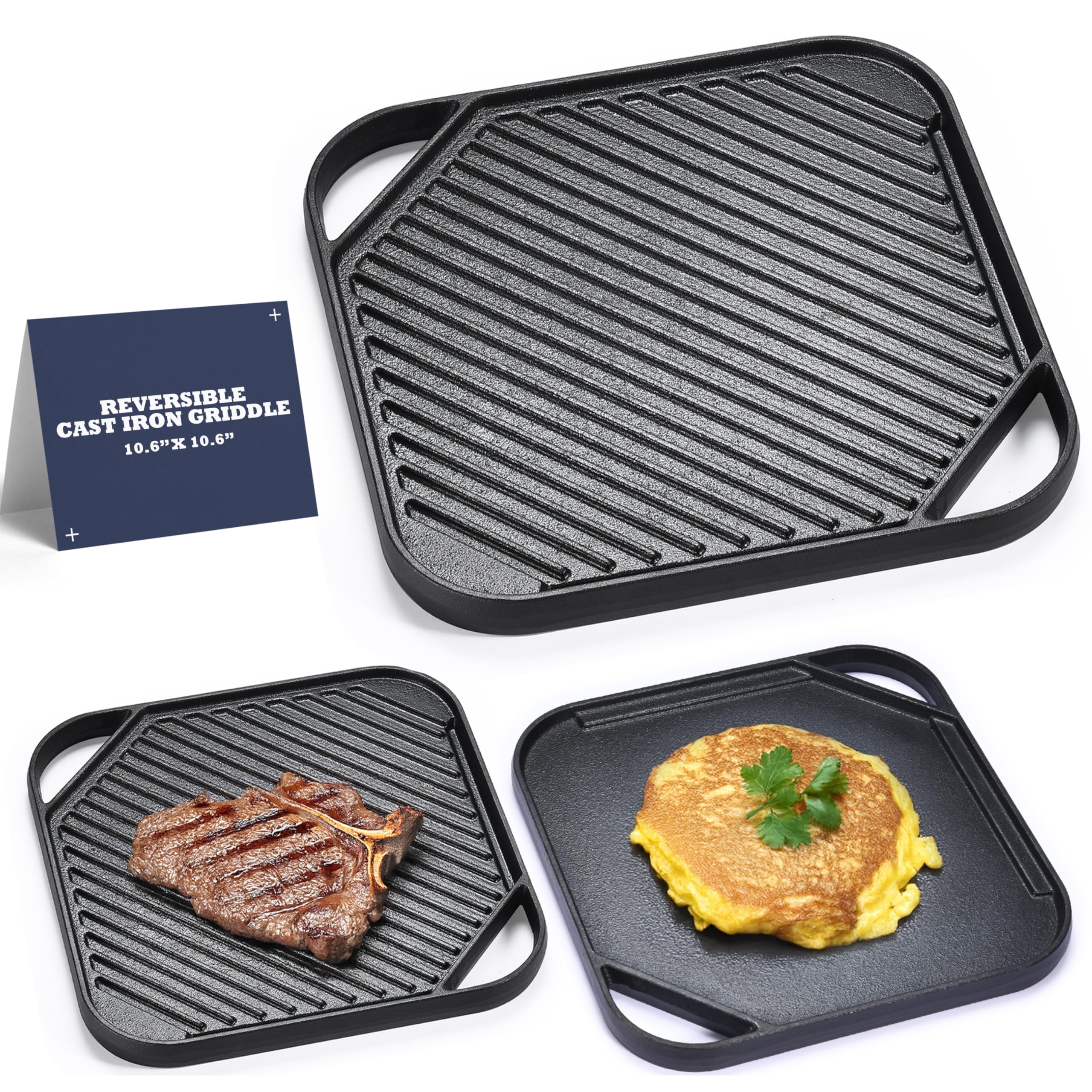 Photo 1 of Mountain Grillers Reversible Cast Iron Griddle - Flat Top Griddle Pan and Grooved Grill-Pan Style - for Gas Stovetop, Oven, and Open Fire, Black - 10.6 x 10.6 Inches