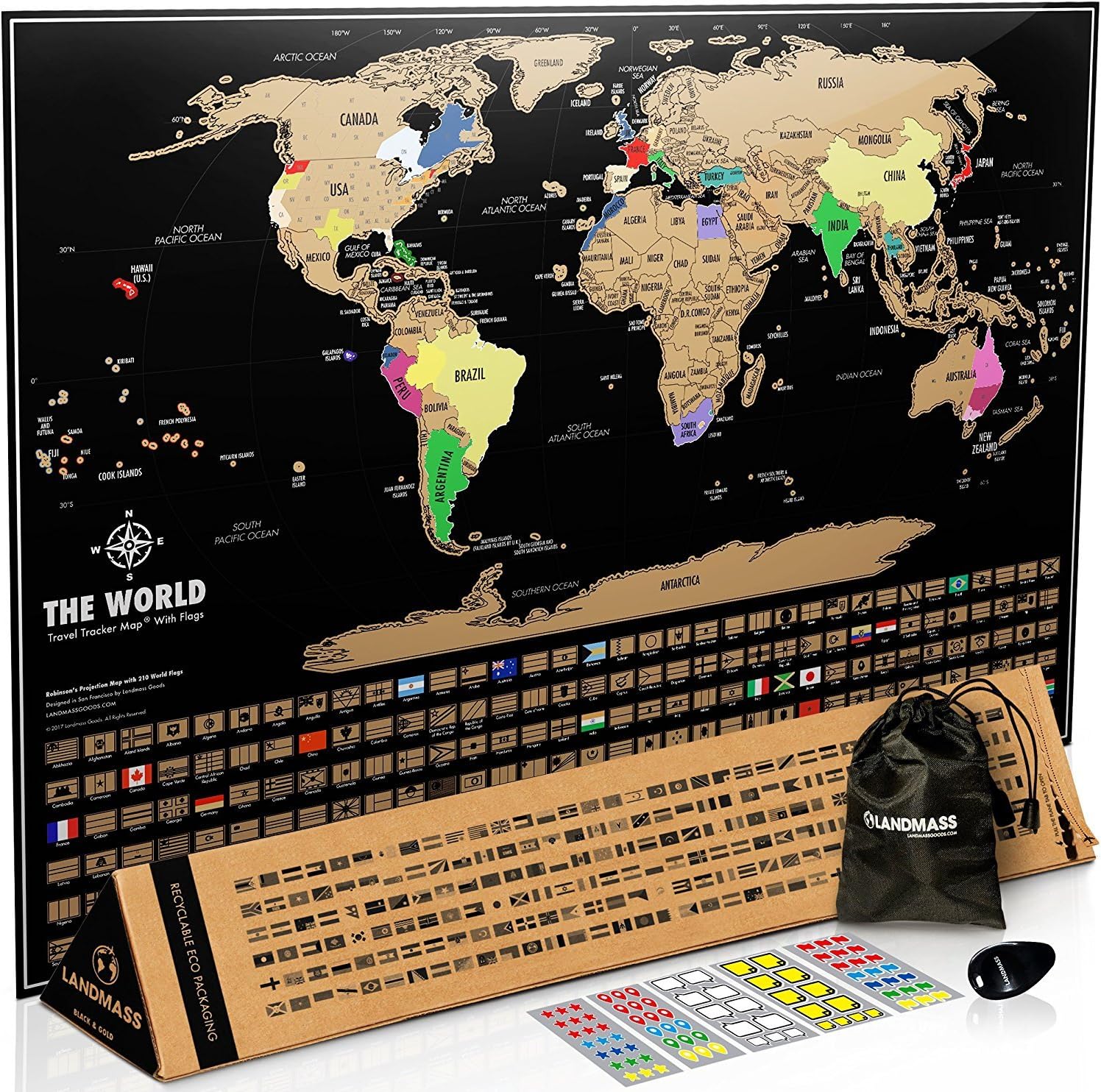 LANDMASS - Scratch Off World Map with Flags. Travel Tracker Map 43.18 X 60.96 Centimeter