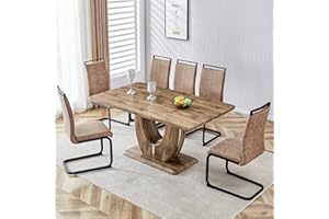 JUFU 63" Modern Dining Table Set for 6, Modern Dining Room Table, Faux Wooden Table with 6 PU Leather Chairs, for Kitchen and Dining Room