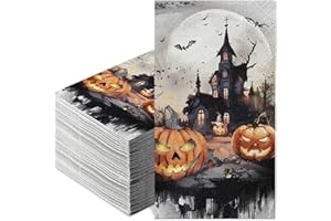 WUHUZSM 100PCS Halloween Guest Napkins | 3-Ply Disposable Castle Pumpkins Design for Bathroom Guest Dinner Tea, Party Supplies Table Decor