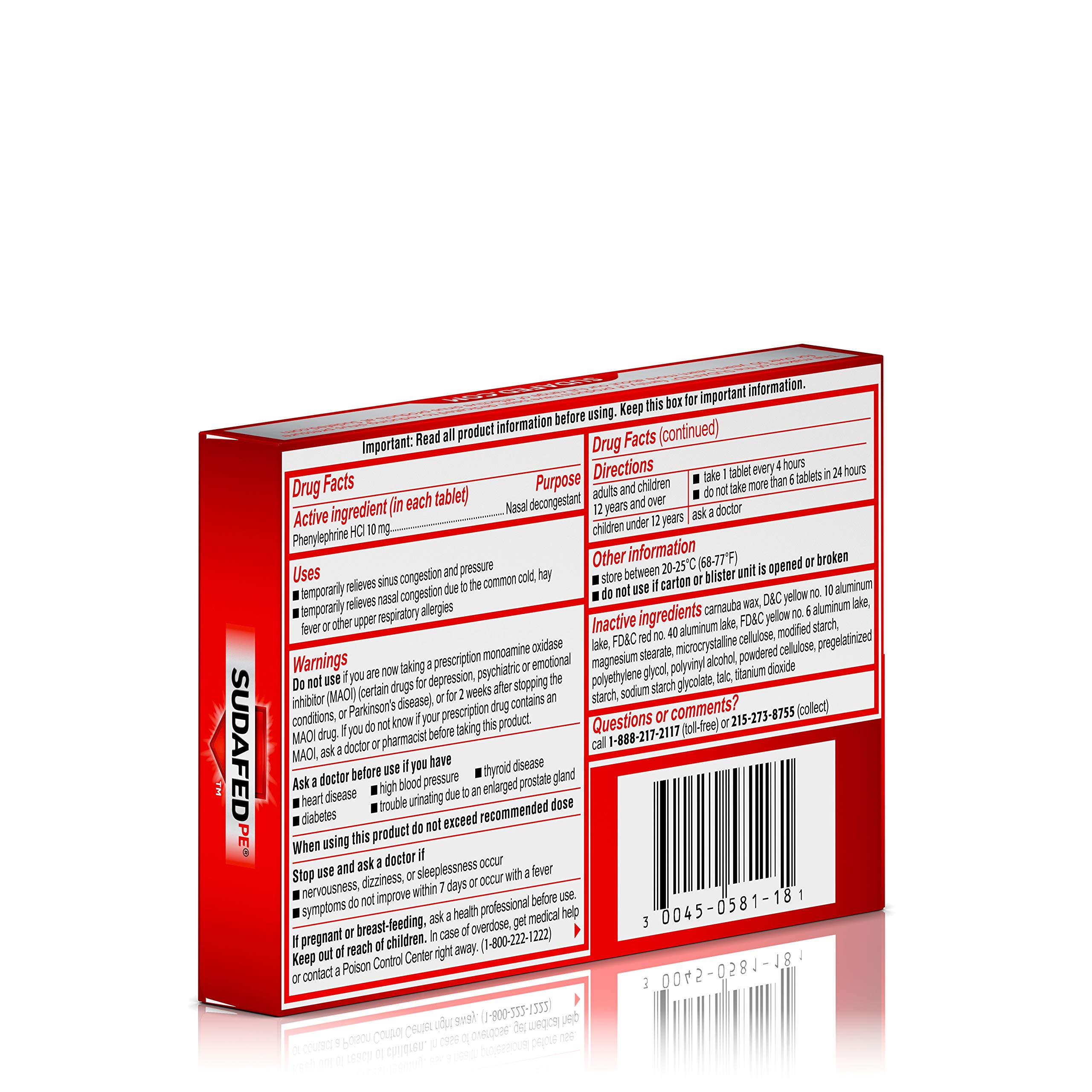 Sudafed PE Congestion and Sinus Pressure Relief Tablets, Non-Drowsy Maximum Strength Nasal Decongestant with Phenylephrine HCI, 18 ct (Pack of 2)