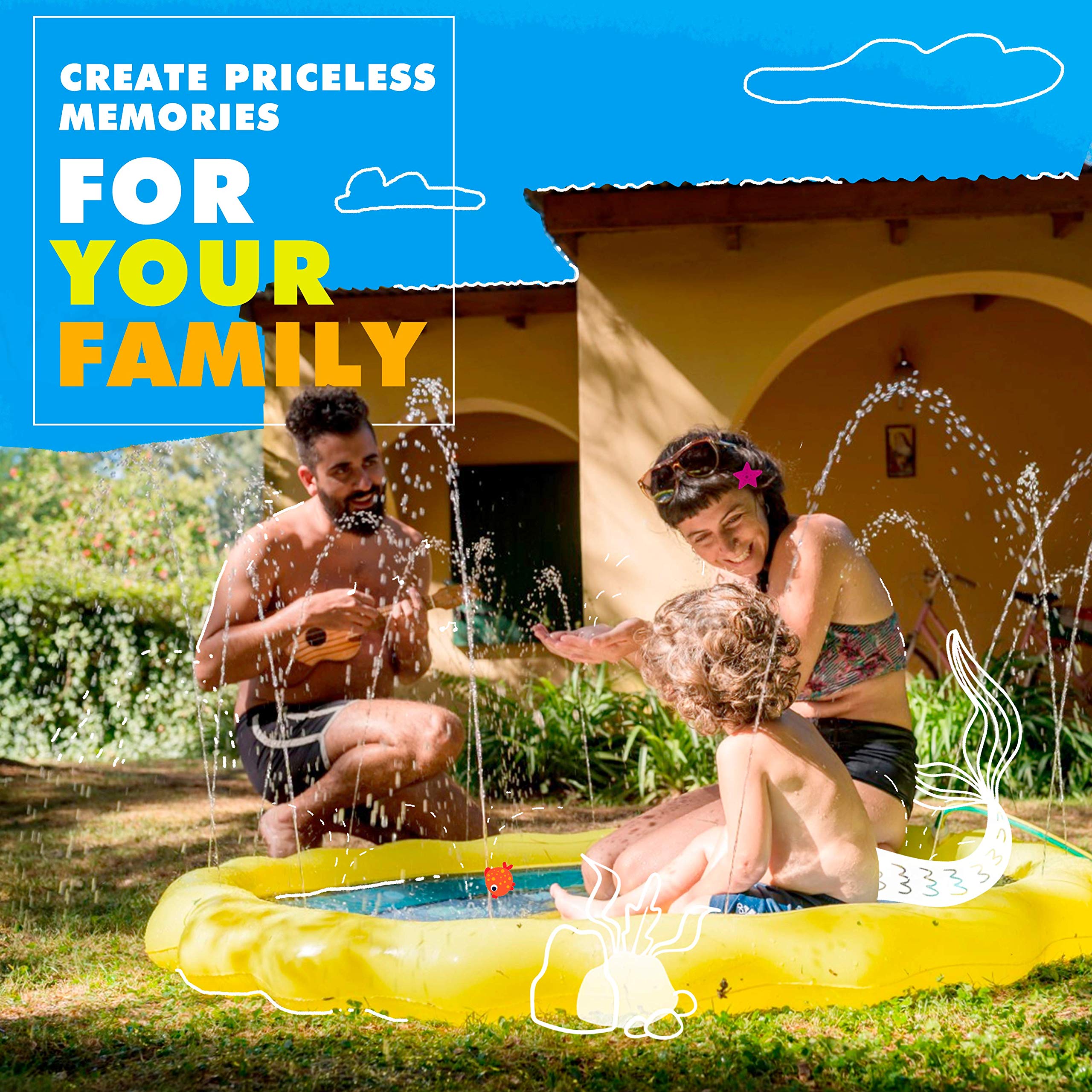 SplashEZ 3-in-1 Splash Pad, Sprinkler for Kids and Baby Pool for Learning – Children’s Sprinkler Pool, 60’’ Inflatable Water Summer Toys – “Around The World” Outdoor Play Mat for Babies & Toddlers