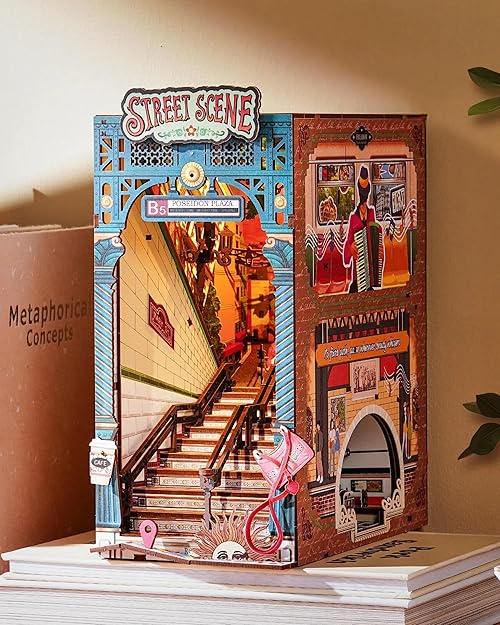 Rolife Book Nook Kit for Adults DIY Miniature Kit with Lights Street Scene Booknook Model Kits for Adults to Build 3D Wooden Puzzle for Desk Library Bookshelf Decoration