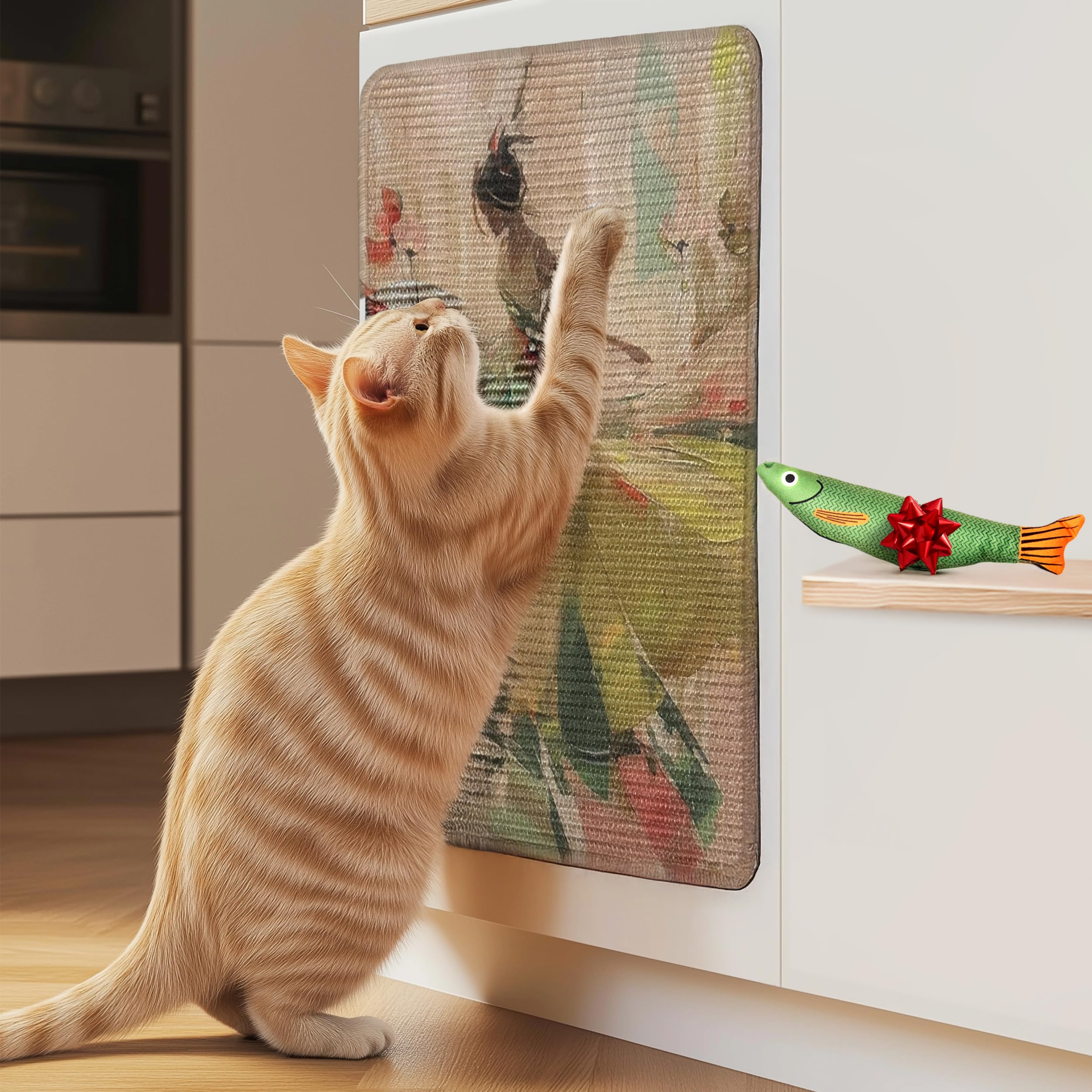 Photo 1 of EVOMOTIVE SCRATCHABLE Sisal Cat Scratcher, [+ Catnip Fish Toy], Cat Wall Scratcher, Couch Protector from Cat Scratching, Scratching Mat- 24 X 15.8 with 12 Adhesive Velcro Stripes (Elegant Green)