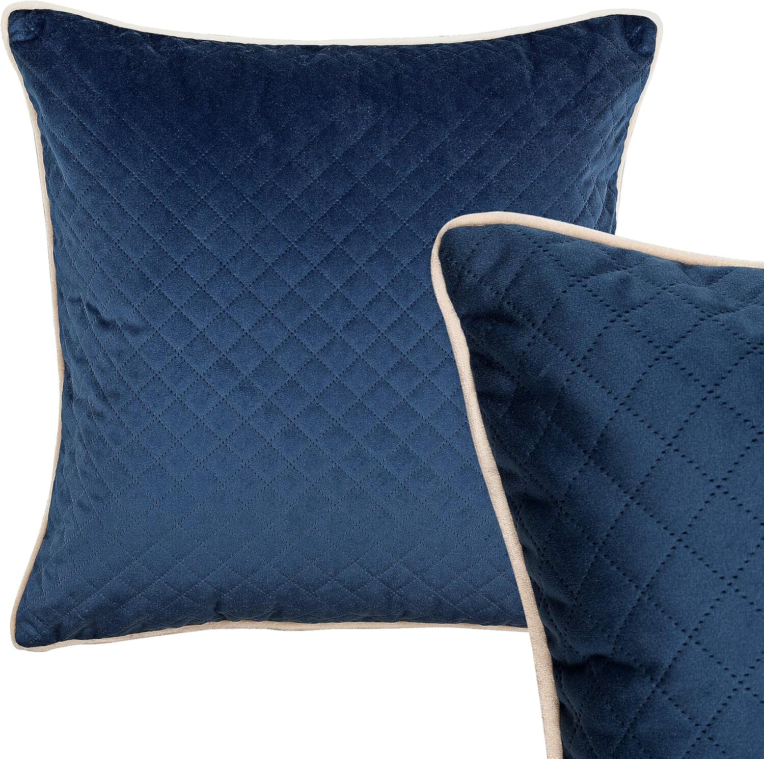 Cushoo 100 Velvet Quilted Cushion Cover in Navy Blue with Cream Edge
