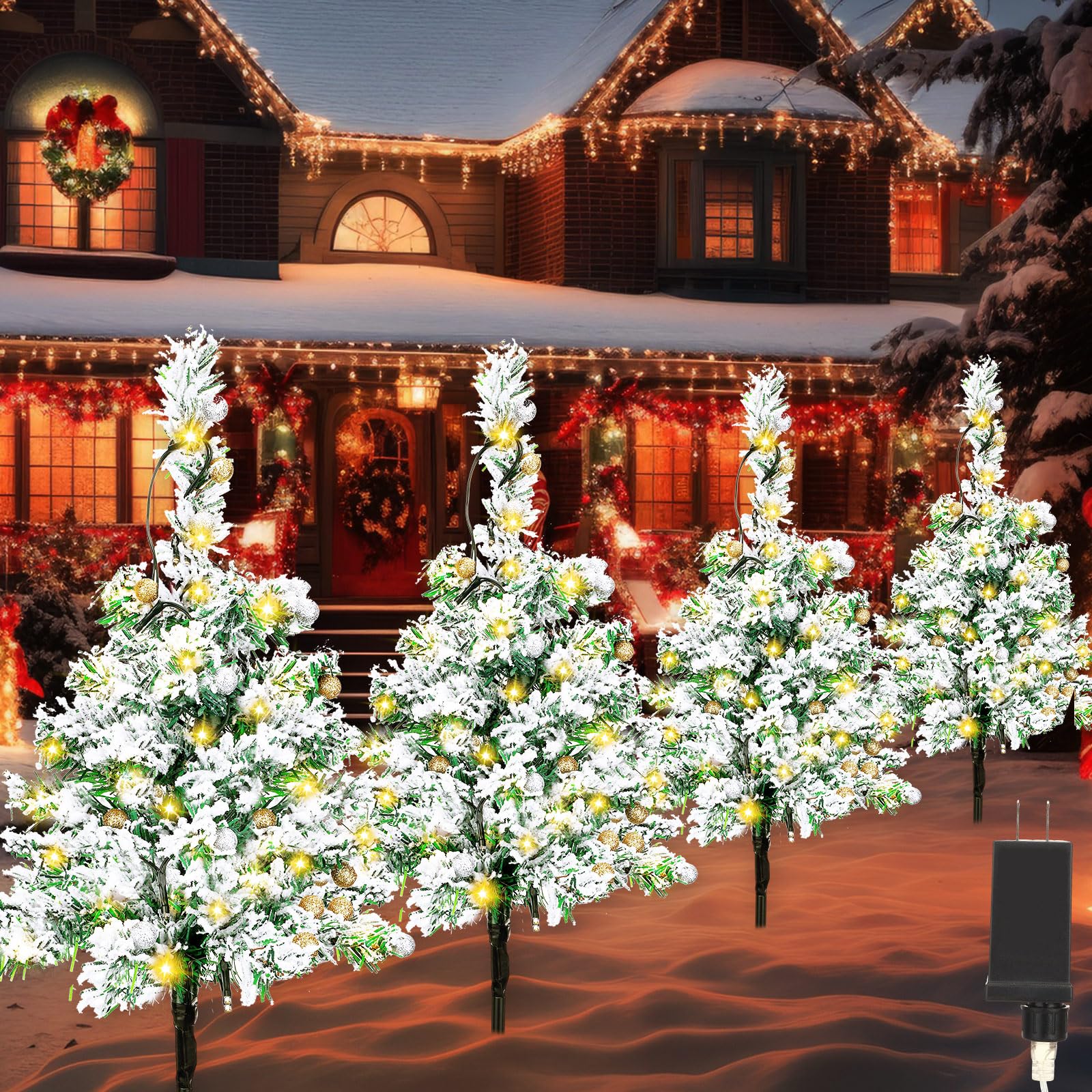 Photo 1 of Baquler 4 Pack Pathway Christmas Tree, 2.5 Ft Waterproof Powered Outdoor Christmas Tree with LED Lights Decorative Snow Artificial Outside Christmas Tree for Porch, Driveway, Yard, Garden, Lawn