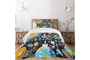 Lunarable Outer Space Bedspread, New Horizons of Solar System Infographic Pluto Venus Mars Jupiter Skyrocket, Decorative Quilted 2 Piece Coverlet Set with Pillow Sham, Twin Size, Blue Yellow
