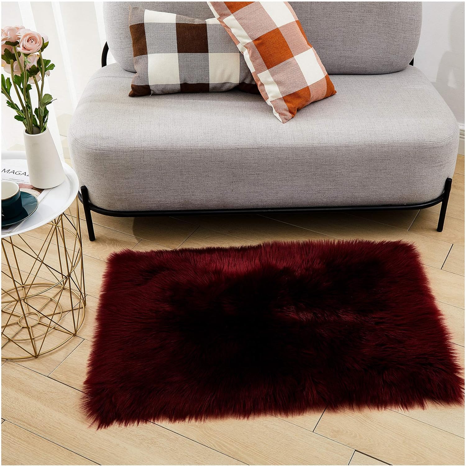 Faux Fur Sheepskin Fuzzy Rug, 2x3 Ft Burgundy Fluffy Area