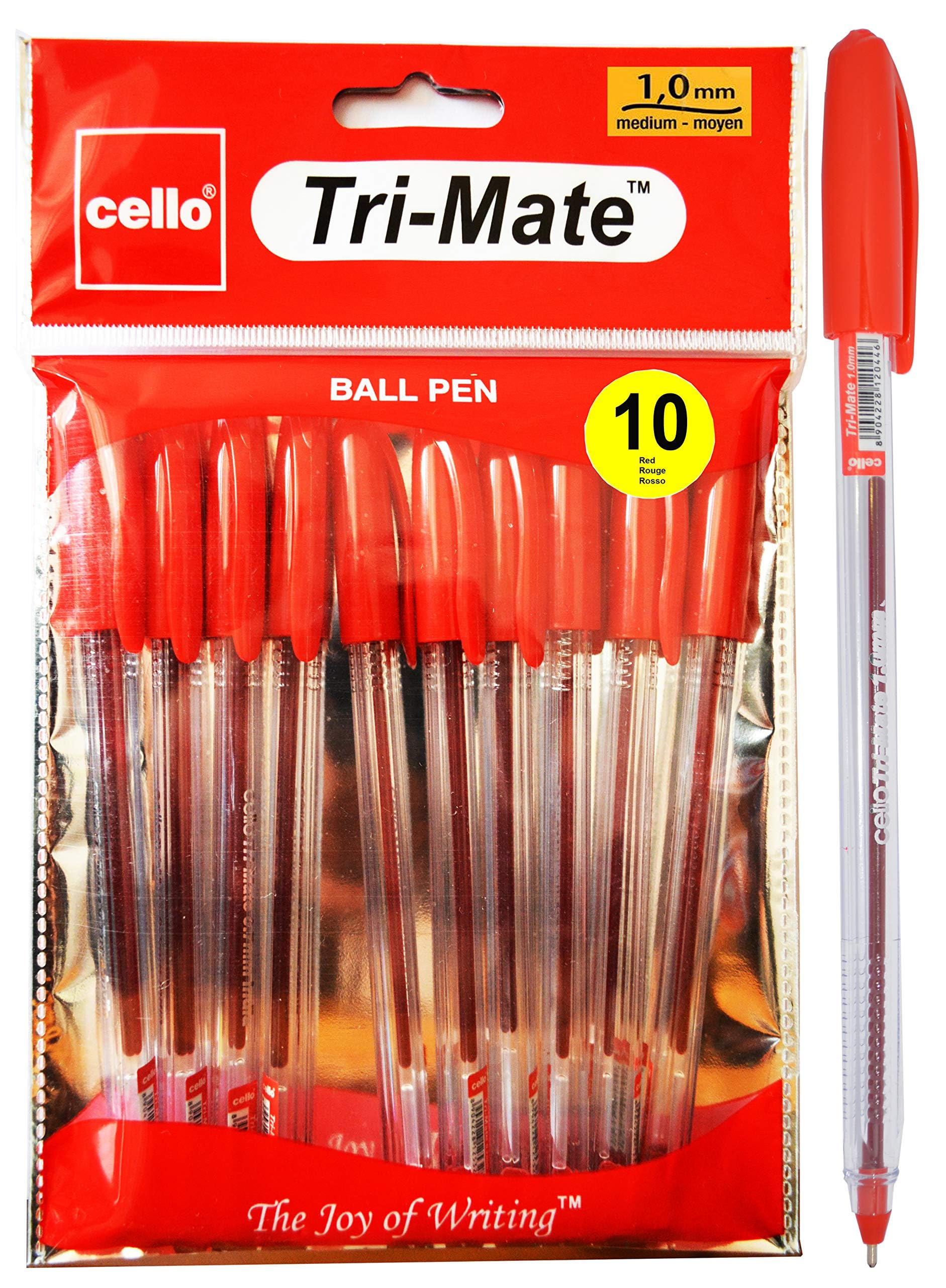 Cello Original Tri-Mate Triangular Barrel Ballpoint Pen Medium Point Biro (1.0mm) Red Pens (Packaging May Vary)