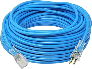 Coleman Cable 2629 Outdoor Extension Cord with Lighted Ends Made of Cold-Flex Weather-proof Material (100 Feet, 14/3, Blue)