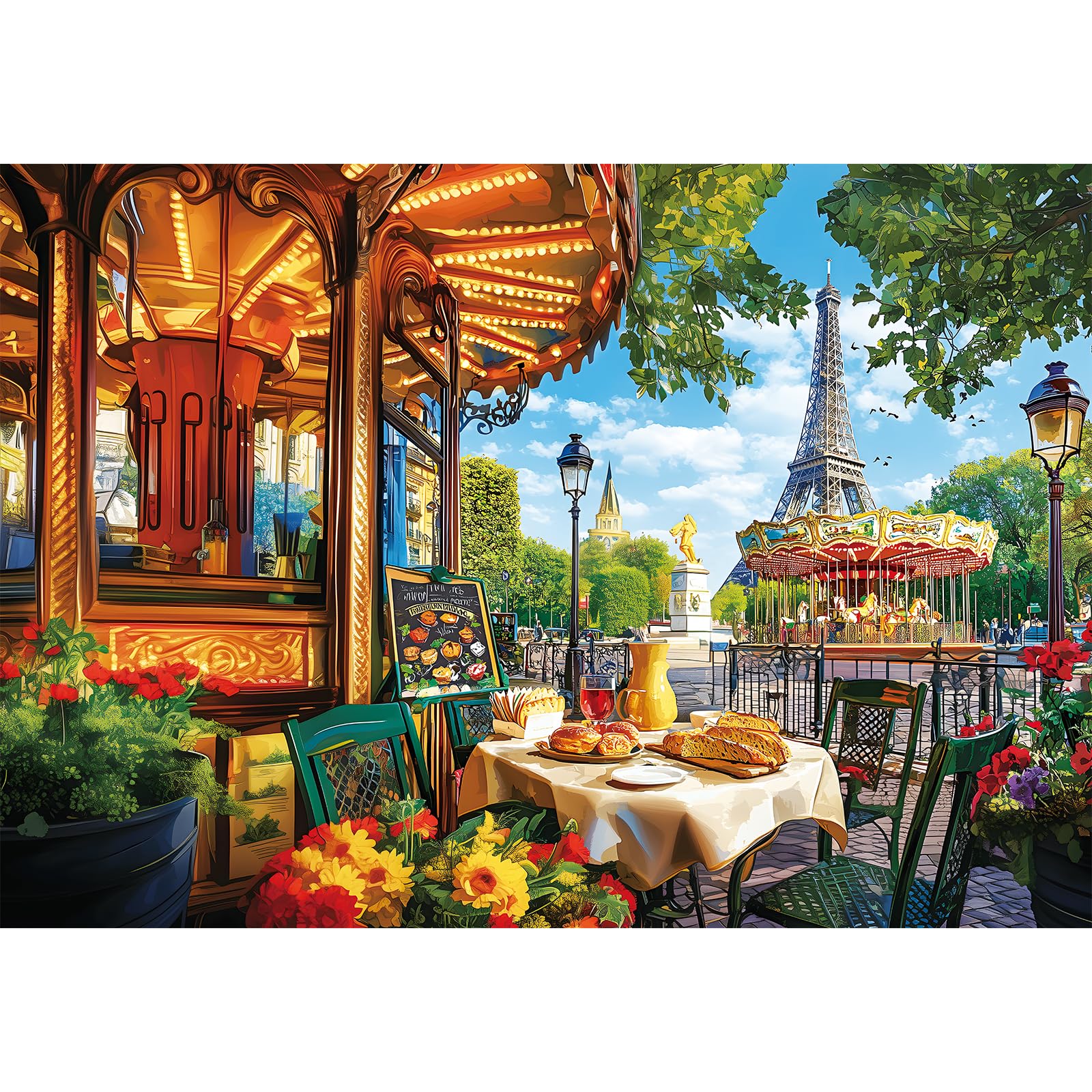 Photo 1 of 2000 Piece Puzzle for Adults, Romantic Paris Street Scene with Eiffel Tower, Carousel, and Café, Challenging Jigsaw Puzzle Gift for Travel and Art Lovers, Finished Size 39" x 28"