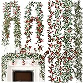 12 Pcs 5.6ft Artificial Garlands 4 Types Berry Holly Leaves Garland Faux Greenery Winter Snowy Red Berries Hanging Vine for Table Fireplace, Staircase, Mantel, Doorway Decor