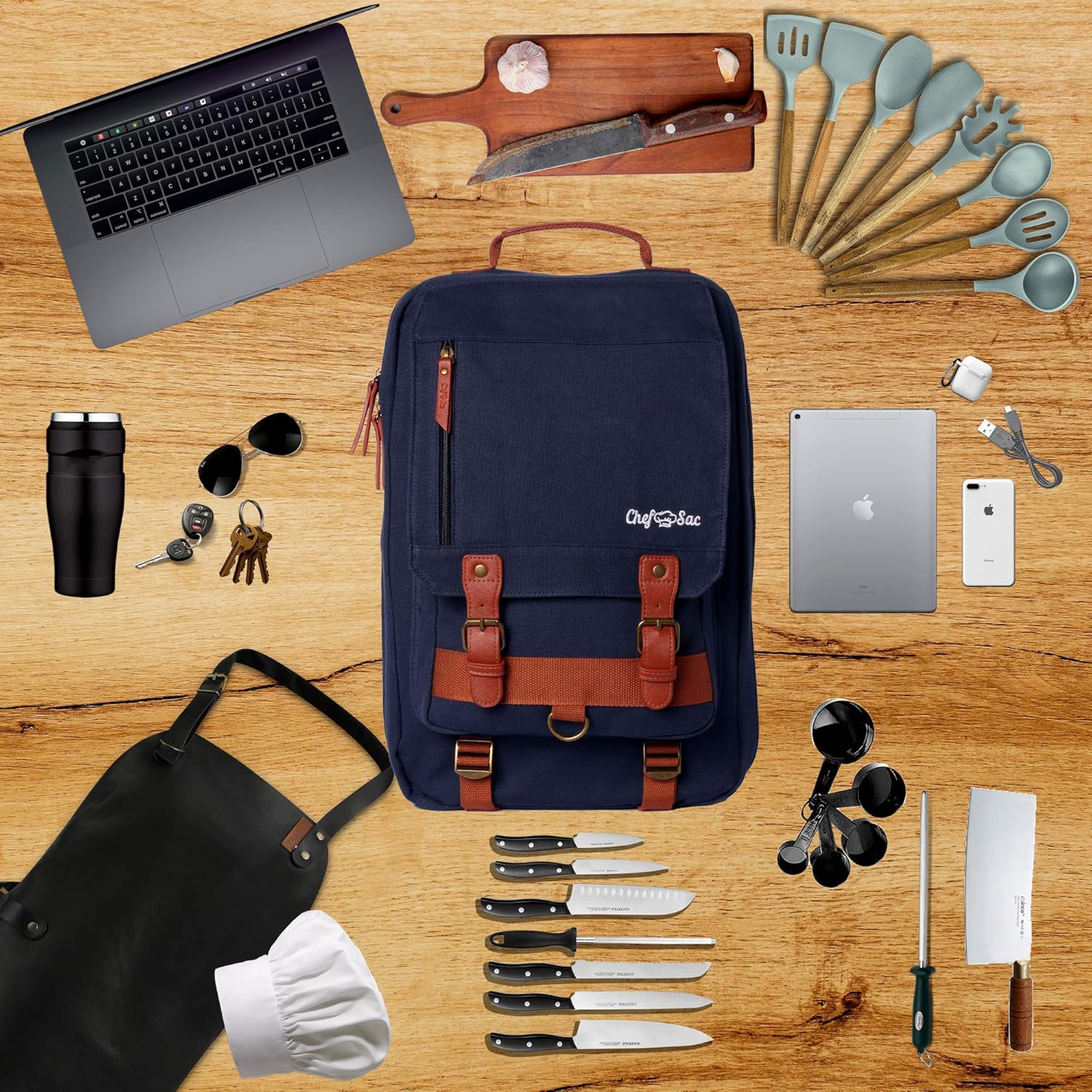 Chef Knife Bag Retro Backpack | 20+ Slots for Knives and Chef Tools | Knife Carrying Case with Hidden Back Pocket for Tablet | Sturdy Knife Bags For Chefs & Culinary Students | Premium Canvas (Blue): Kitchen & Dining