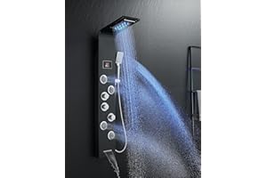 MENATT Shower Tower System with Hydroelectricity LED Lights and Display, 5 in 1 Shower Tower with Rainfall & Waterfall Shower Head, Massage Jets, Tub Spout, Handheld Shower (Black)