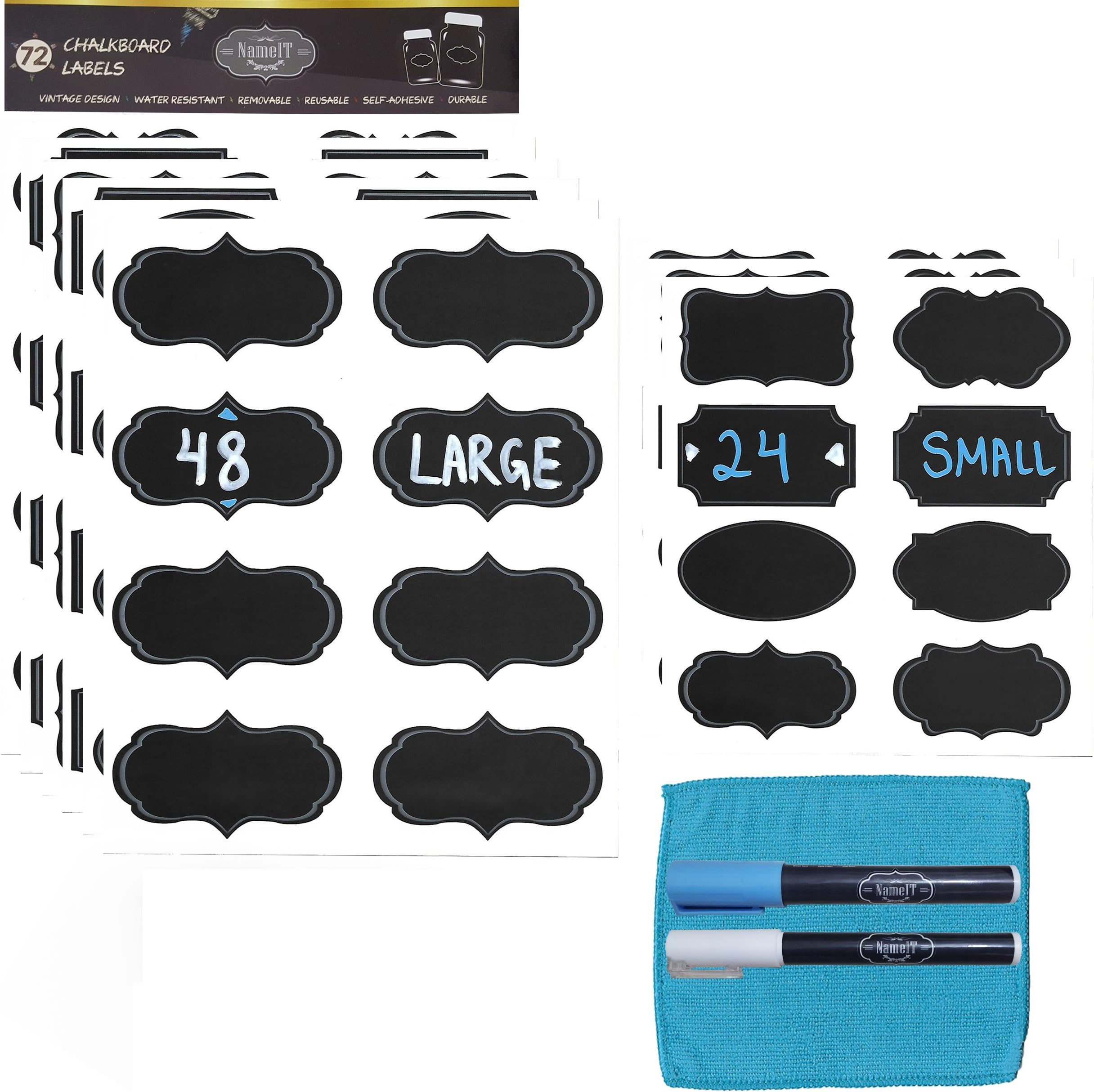 Chalkboard Labels Bundle- 72 Reusable Premium Stickers With 2 Erasable Chalk Markers, Fiber Cloth and Digital Guide | Small and Large Labels For Jars, Pantry Storage, Office and More By NameIT