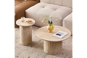 Lecafur HL Round Nesting Coffee Tables Set of 2, Boho Circle Side Table Fluted Drum End Table for Living Room Bedroom, φ27.6 & φ15.8