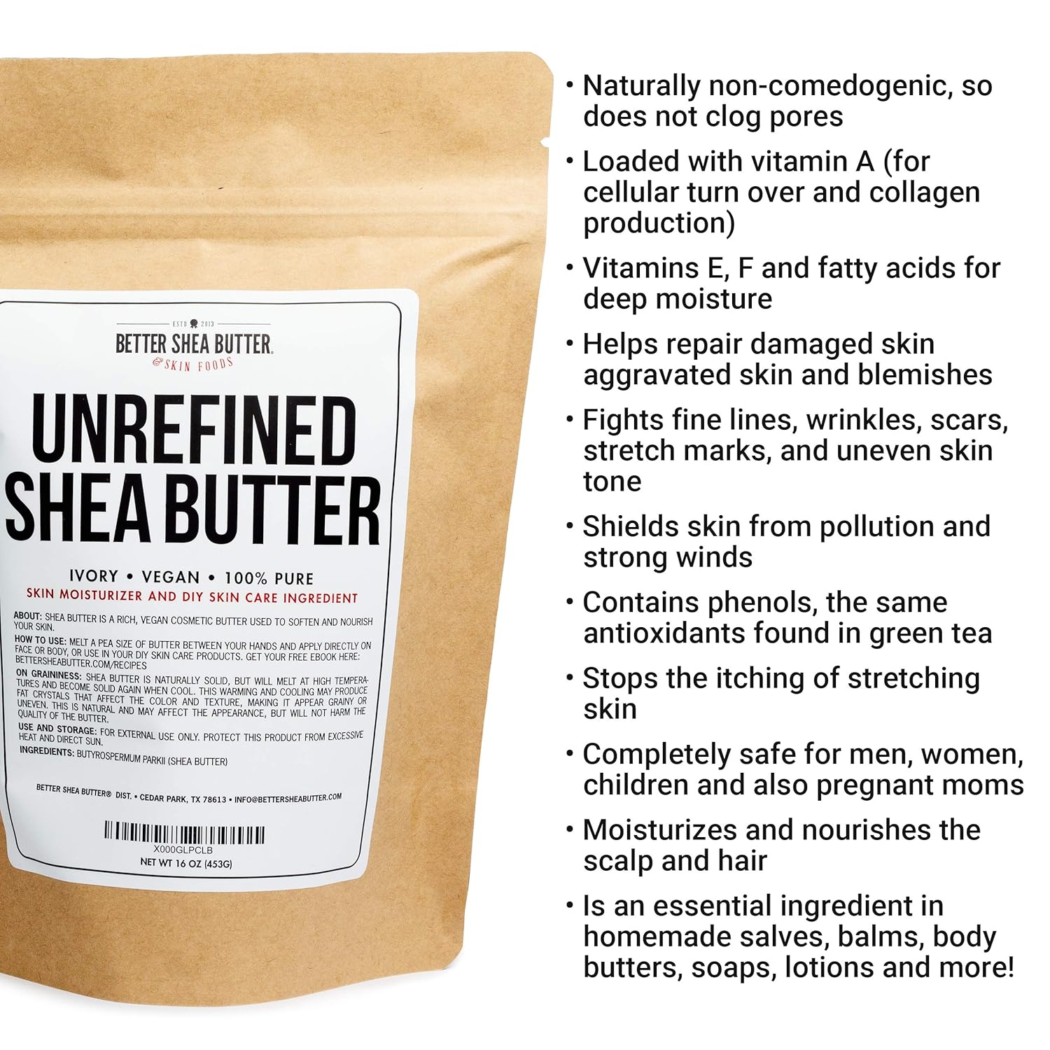 Unrefined African Shea Butter - Ivory, 100% Pure & Raw - Moisturizing and Rich Body Butter for Dry Skin - Suitable for All Skin Types - Use Alone or in DIY Whipped Body Butters - 16 oz (1 LB) Bar : Body Butters : Beauty
