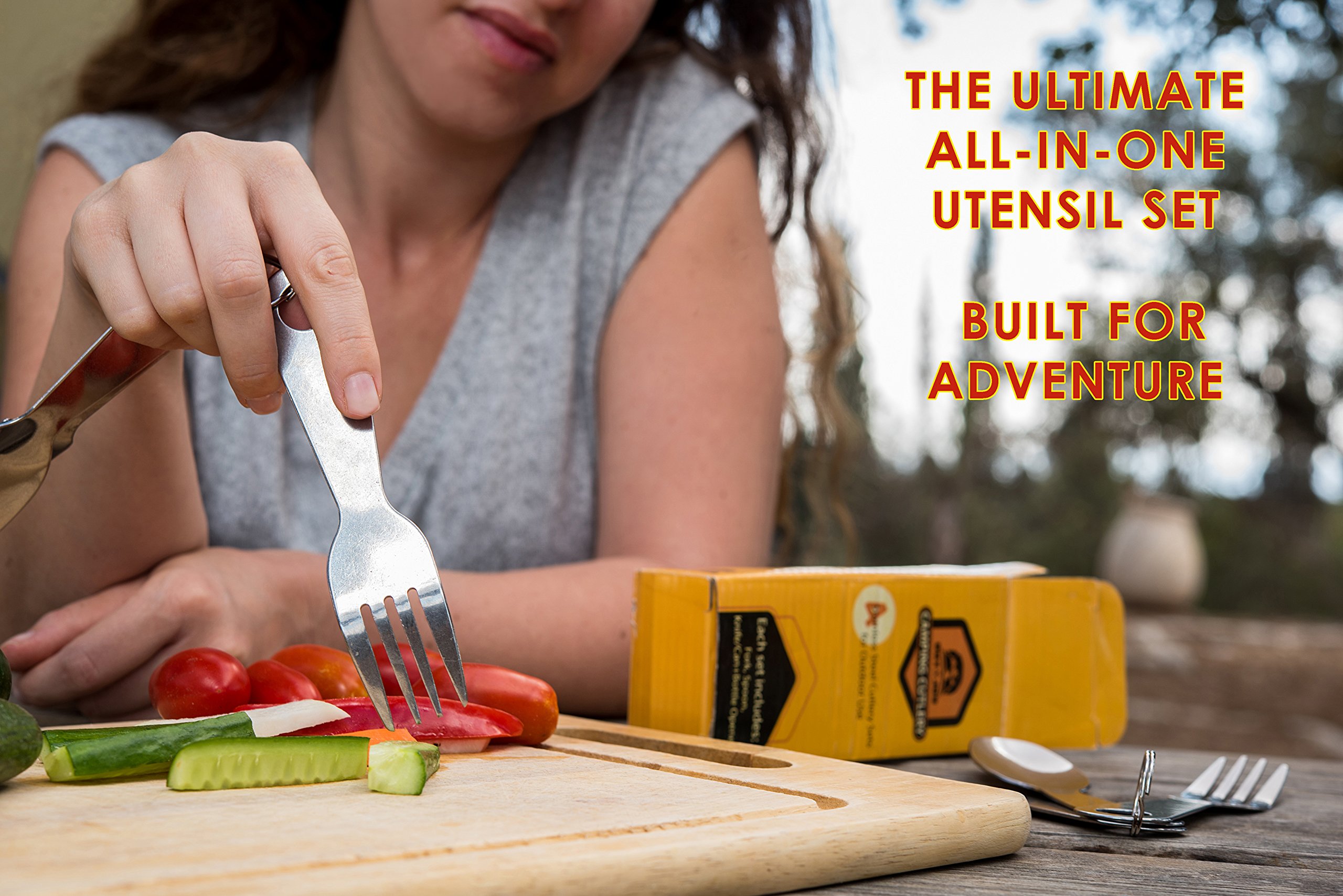 Out&Joy Lightweight Stainless Steel Camping Cutlery Set – Compact, Multi-Purpose, Eco-Friendly Silverware Set Includes 2 Forks, 2 Spoons, 2 Knives, + 2 Can and Bottle Opener (2 Person Setting)