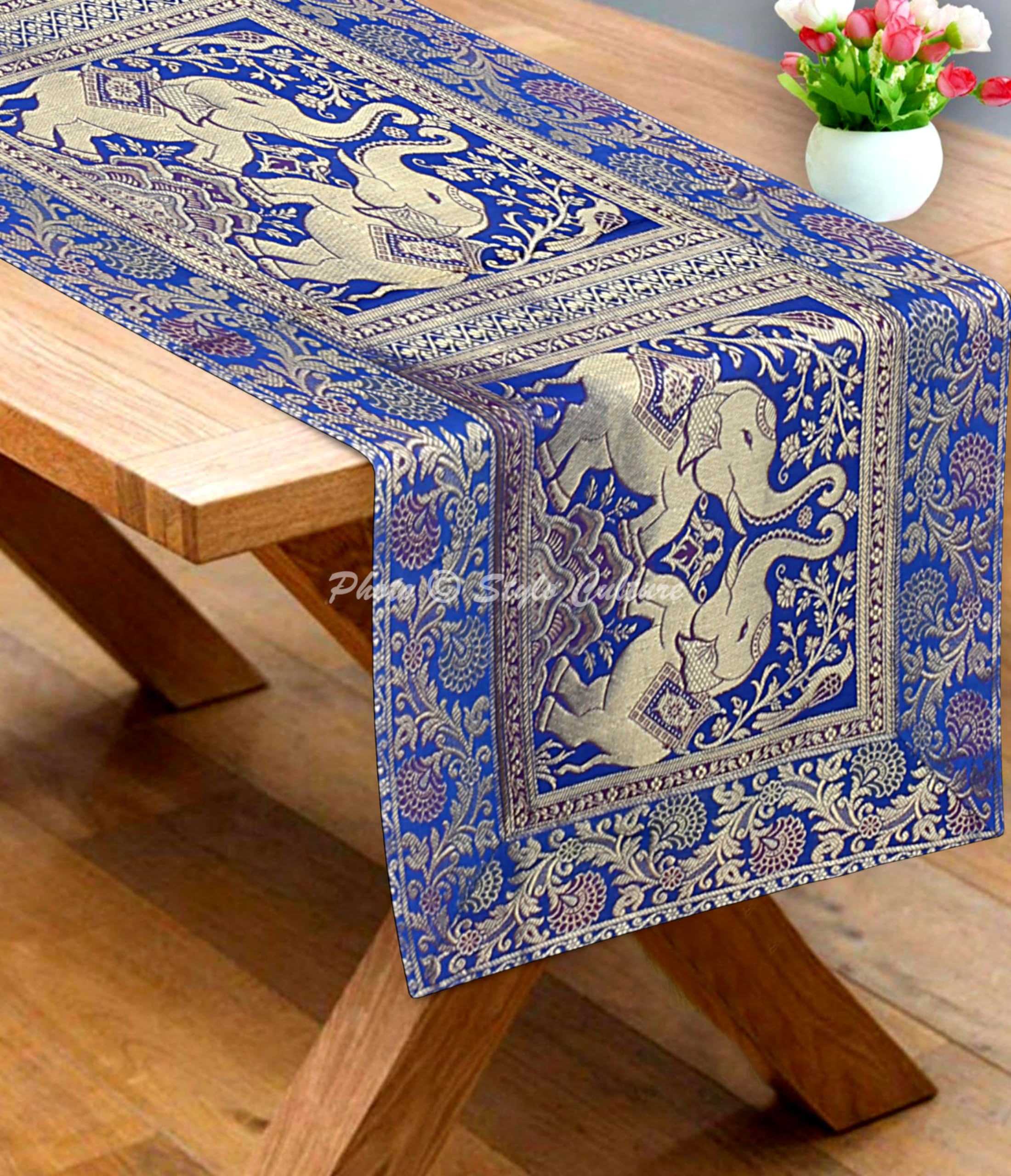 Stylo Culture Traditional Center Table Runner For Coffee Table Dark Blue Brocade Jacquard & Satin Bohemian Elephant Floral Extra Long Indian Table Decor | 60x16 Inches ( 152 x 40 cm)