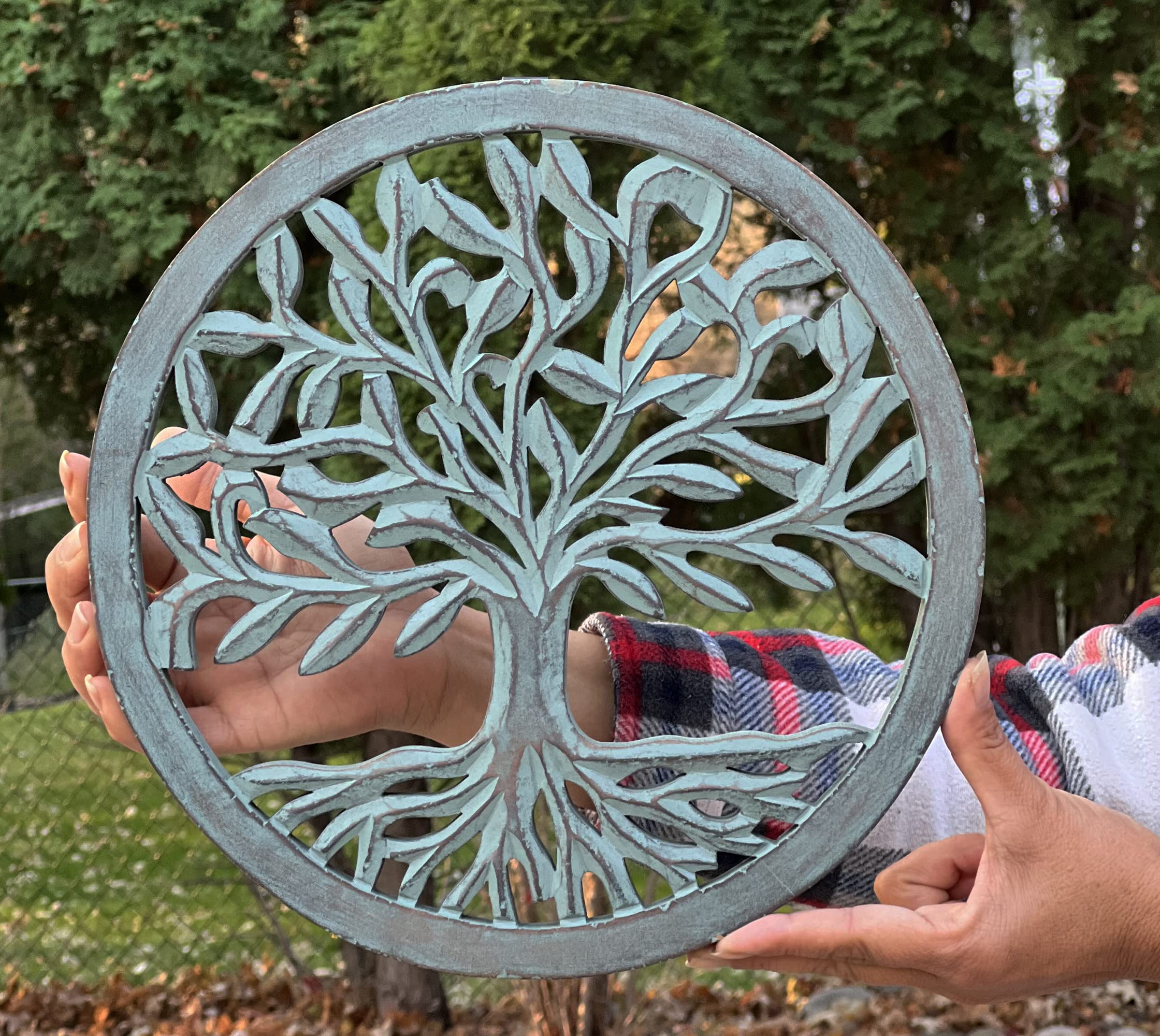 DharmaObjects Handcrafted Wooden Tree Of Life Wall Decor Hanging Art (Turquoise)