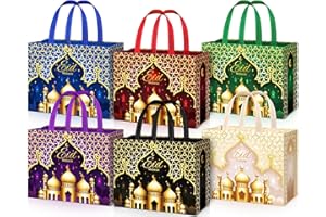 Yoojahow 6 Pcs Eid Mubarak Gift Bags with Handles 12.6 x 9.8 x 6.7 Inch Large Reusable Ramadan Tote Bags Eid Mubarak Non-Woven Treat Goodie for Gifts Wrapping Shopping Ramadan Party Supplies