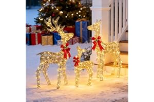 Ultym 3-Piece Large Christmas Deer Outdoor Decorations, 4.5ft Lighted Reindeer Family Set Christmas Yard Decor, Light Up Reindeer Christmas Decor with 350 LEDs, Stakes, Zip Ties, Unique Gold Rattan