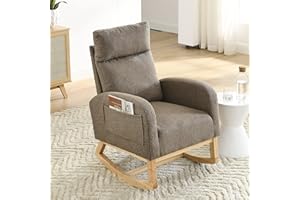 Krinana Nursery Rocking Chair with Solid Wood Legs, Glider Chair for Nursery with Two Side Pockets, Rocker Armchair for Living Room Bedroom (Coffee, Teddy Fabric)