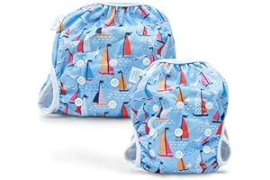 Bambio & Boo - Reusable Swim Diapers, Full Size Pack (S & L), 0-40 Months, Newborn-40lbs, Leak-Proof, Adjustable, Quick Drying for Babies & Toddlers. Ideal for Swimming Lessons (Sails & Seaguls)