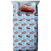 Jay Franco Kids Sheet Set with Fitted, Flat Sheets &amp; Pillow Cover - Ultra-Soft Bedding with Pillowcase for Room Decor, Blue - Cars, 4 Piece Full