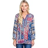 john mark womens Embroidered Mutli Print Button Up Tunic With Three Quarters Sleeves