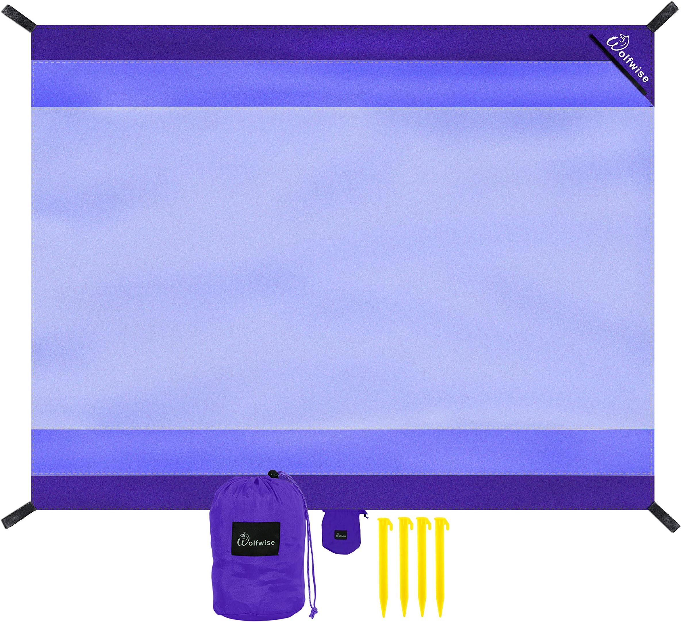 WolfWise Water-Resistant Beach Blanket, Extra Large 106“ x 82.5”Sand Escape Super Soft Nylon Beach Mat for Travel Camping Hiking Picnic, Lightweight Machine Washable with Corner Pockets, Purple