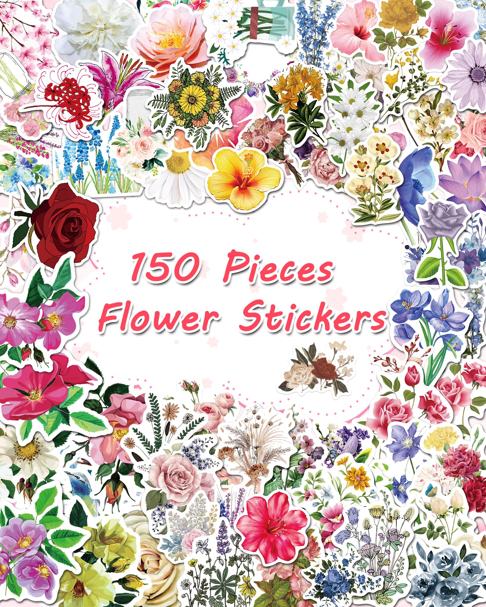 AOWDIAO 150 Pcs Flower Stickers Waterproof Floral Vinyl Stickers Decals for Water Bottles Laptop Scrapbooking Journaling