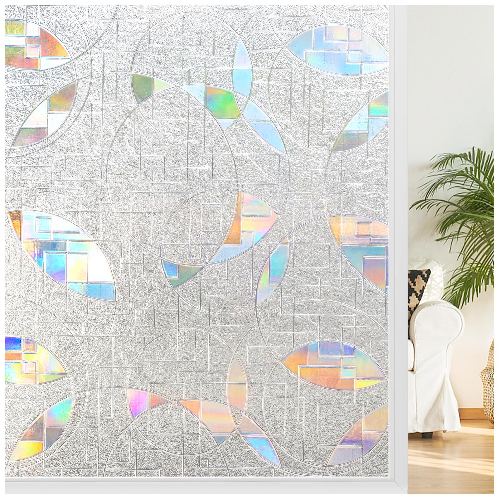 rabbitgoo Window Privacy Film, Decorative Rainbow Window Film, Static Cling Prism Stained Glass Sticker, Anti-UV Front Door Glass Covering for Home, 23.6 x 118.1 inches