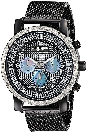 Akribos XXIV Mens AK713BK Grandiose Diamond Quartz Chronograph Black Stainless Steel Mesh Bracelet Watch
