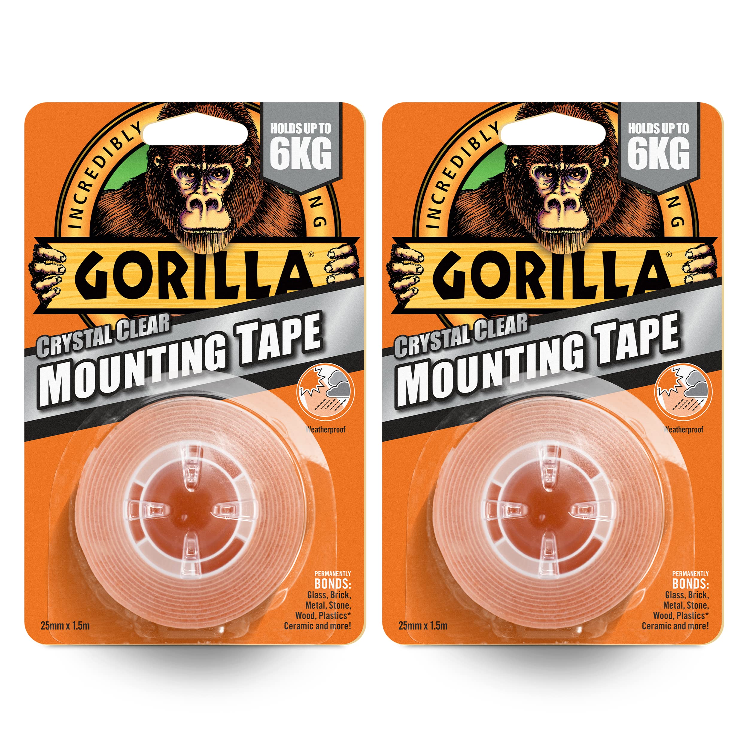 Gorilla Double Sided Mounting Tape Crystal Clear, 1.5m x 25mm – Holds 6KG Per Roll | For Repairs, Crafts & Mounting Objects | Permanently Grips to Rough & Smooth Surfaces | For Indoor & Outdoor,2 Pack